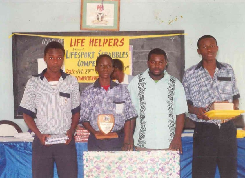 Winners holding their prizes and trophy at the 2008 Lifesport Scrabbles Competition