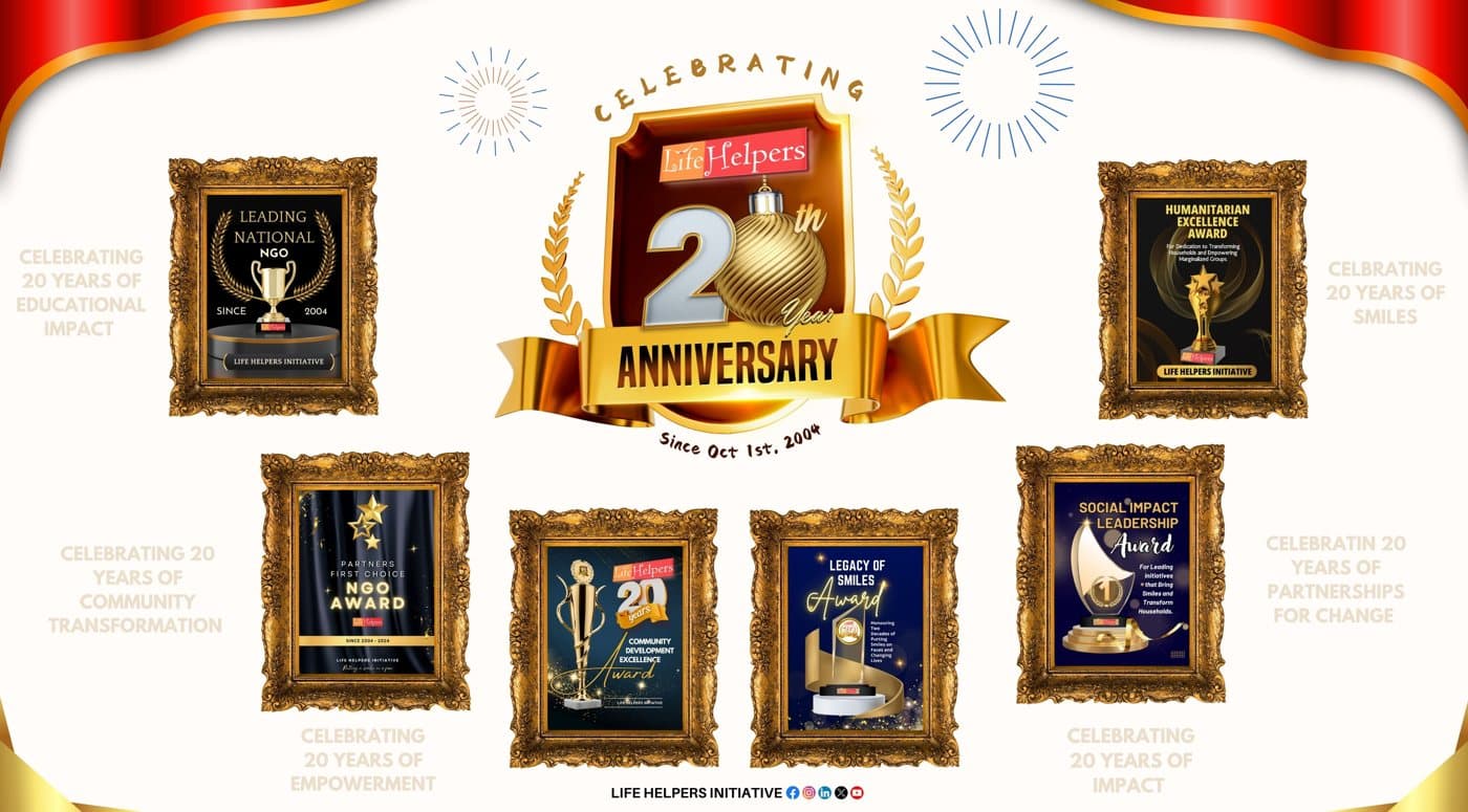 Life Helpers Initiative 20th anniversary celebration graphic with framed awards