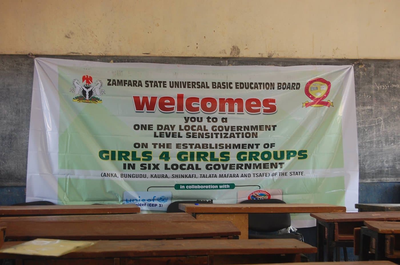 Zamfara State Universal Basic Education Board banner welcoming participants to a Girls 4 Girls groups sensitisation